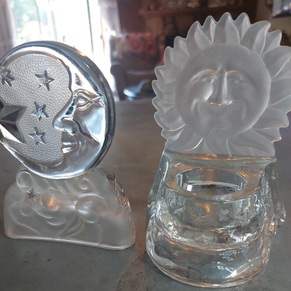 Vintage Glass Celestial Moon Sun Face Stars Candle Holders Frosted PL set - Picture 2 of 6